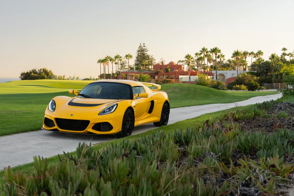 The Exige parked on a path lined with palms