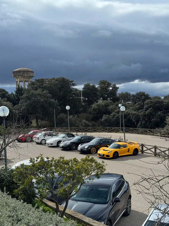 The Exige at a car meet under a heavy grey sky