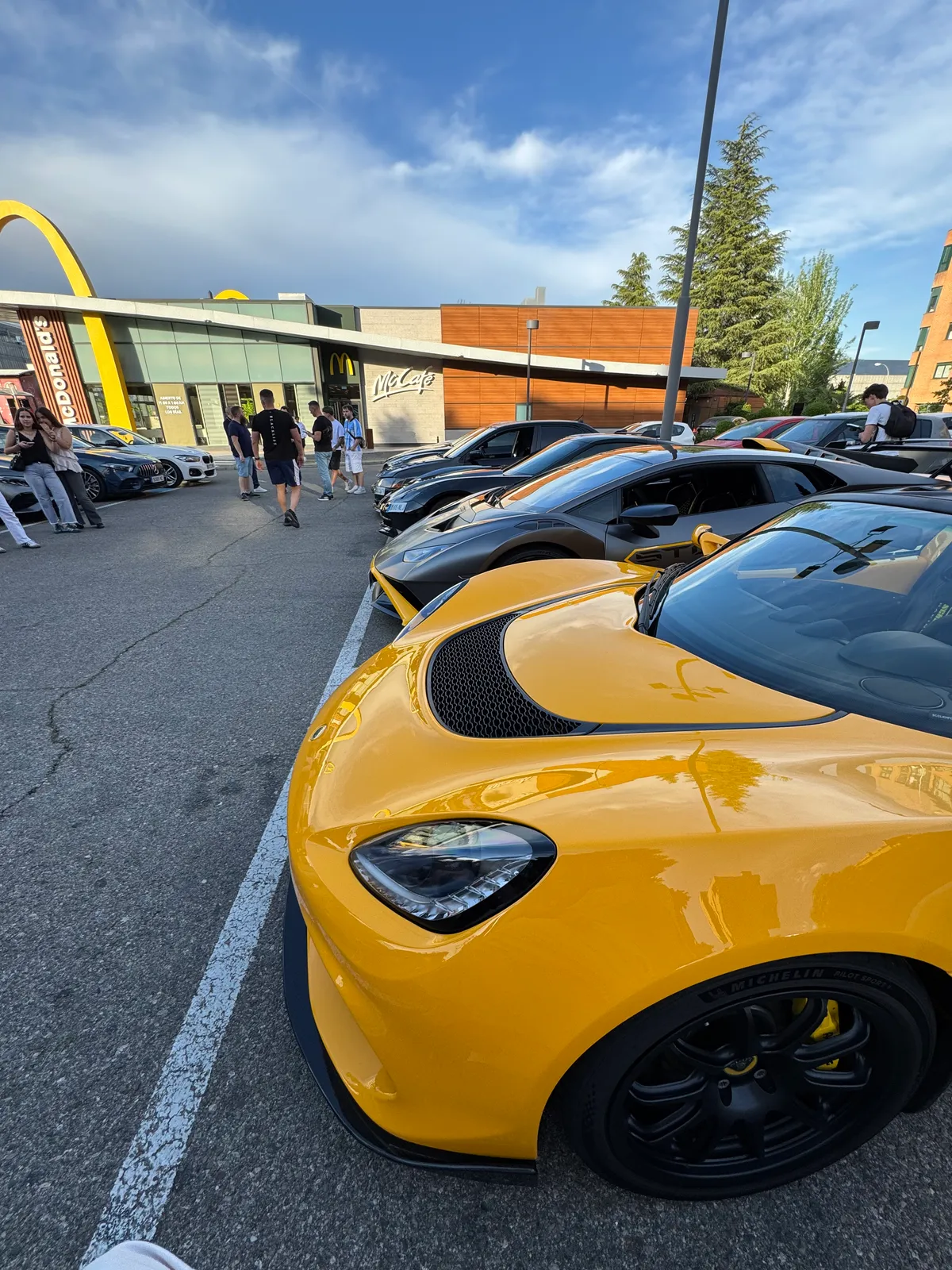 The Exige at the head of a line of cars at a morning meet