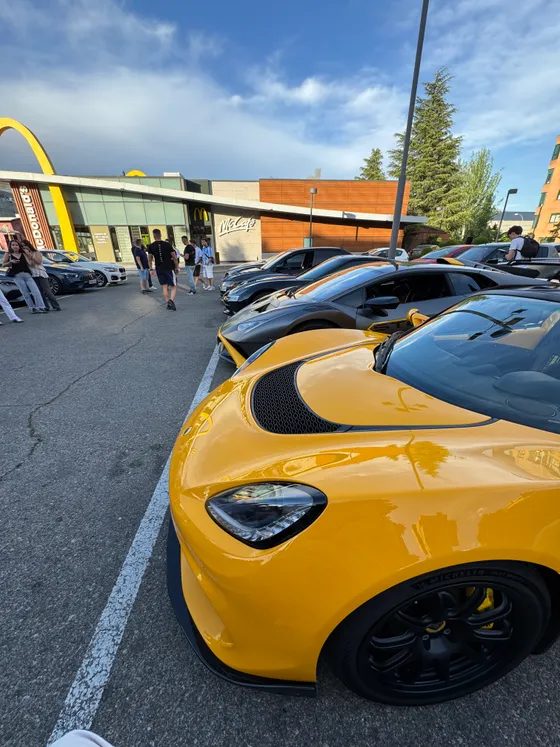 The Exige at the head of a line of cars at a morning meet